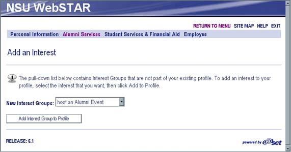 WebSTAR for Alumni Add an Interest Options menu